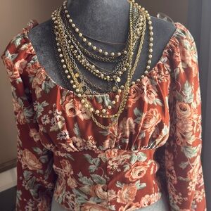 Floral Long Sleeve Top with Gold and Pearl Necklace